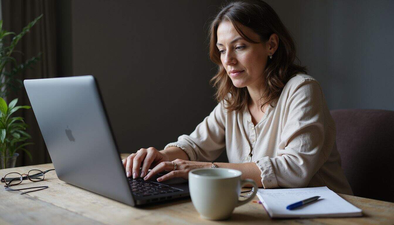 A middle-aged woman intently compares AI video tools on her laptop at a cluttered wooden desk. A middle-aged woman intently compares AI video tools on her laptop at a cluttered wooden desk.