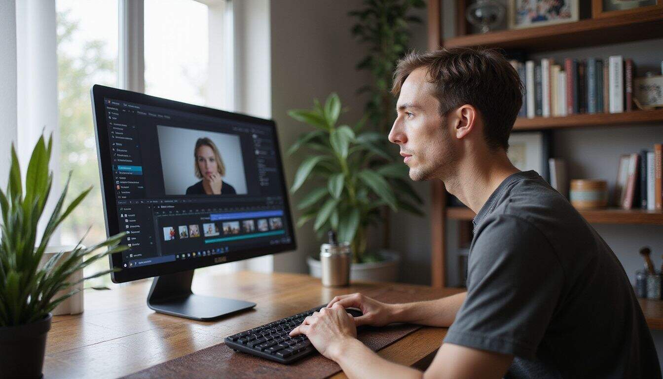 A person attentively uses a sleek walnut desk with a modern computer and editing software, surrounded by plants and books. A person attentively uses a sleek walnut desk with a modern computer and editing software, surrounded by plants and books.