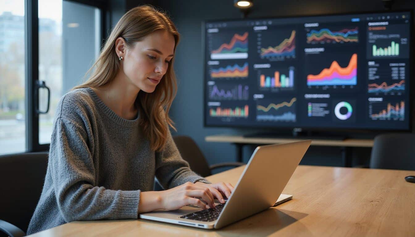 A focused woman types on a laptop at a sleek desk in a modern office filled with vibrant digital displays. A focused woman types on a laptop at a sleek desk in a modern office filled with vibrant digital displays.