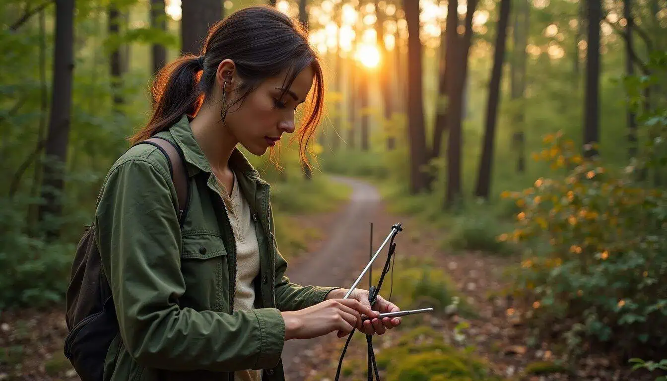 A wildlife researcher thoughtfully arranges equipment to monitor an albino bat colony amidst a lush forest. A wildlife researcher thoughtfully arranges equipment to monitor an albino bat colony amidst a lush forest.