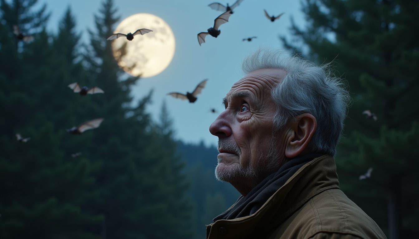 An elderly man gazes in awe at albino bats flying above a dense forest under a clear moonlit sky. An elderly man gazes in awe at albino bats flying above a dense forest under a clear moonlit sky.