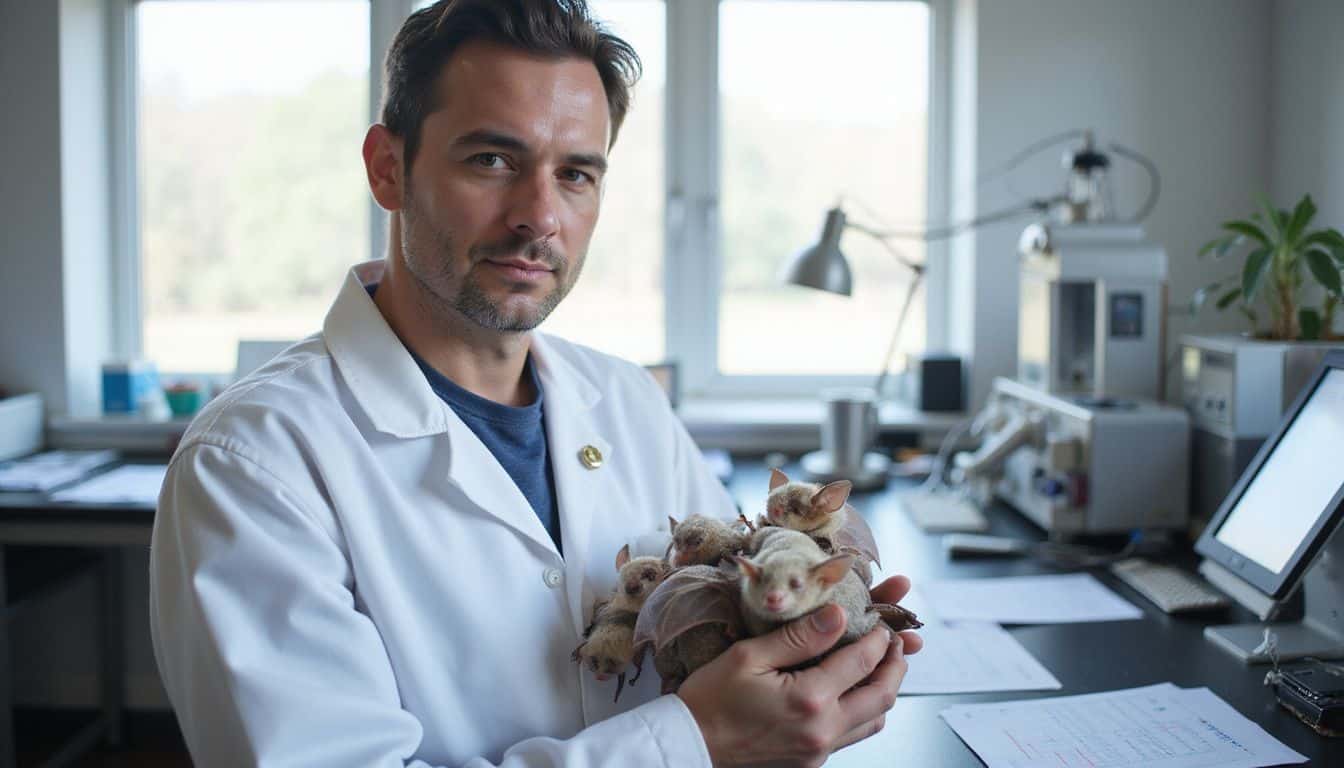 A geneticist in a lab coat holds delicate albino bats amidst a cluttered workbench of research tools and papers. A geneticist in a lab coat holds delicate albino bats amidst a cluttered workbench of research tools and papers.