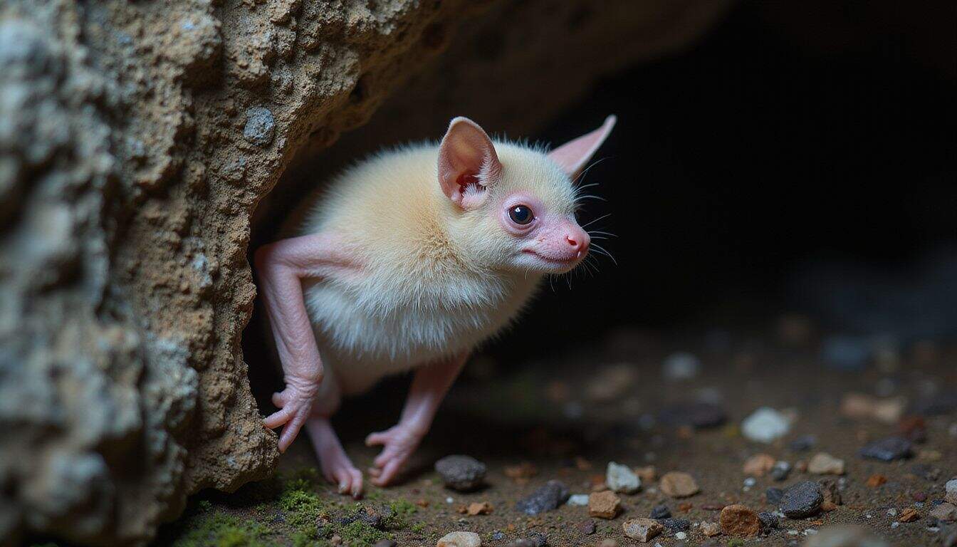 An albino bat perches on a damp cave wall, showcasing its delicate features and alert disposition. An albino bat perches on a damp cave wall, showcasing its delicate features and alert disposition.