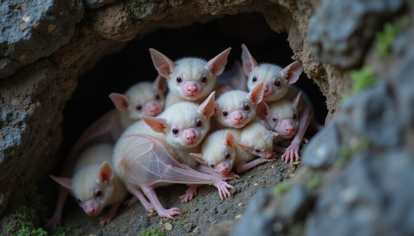 A cluster of delicate albino bats huddles on a rough cave wall, showcasing their translucent wings and serene expressions. A cluster of delicate albino bats huddles on a rough cave wall, showcasing their translucent wings and serene expressions.