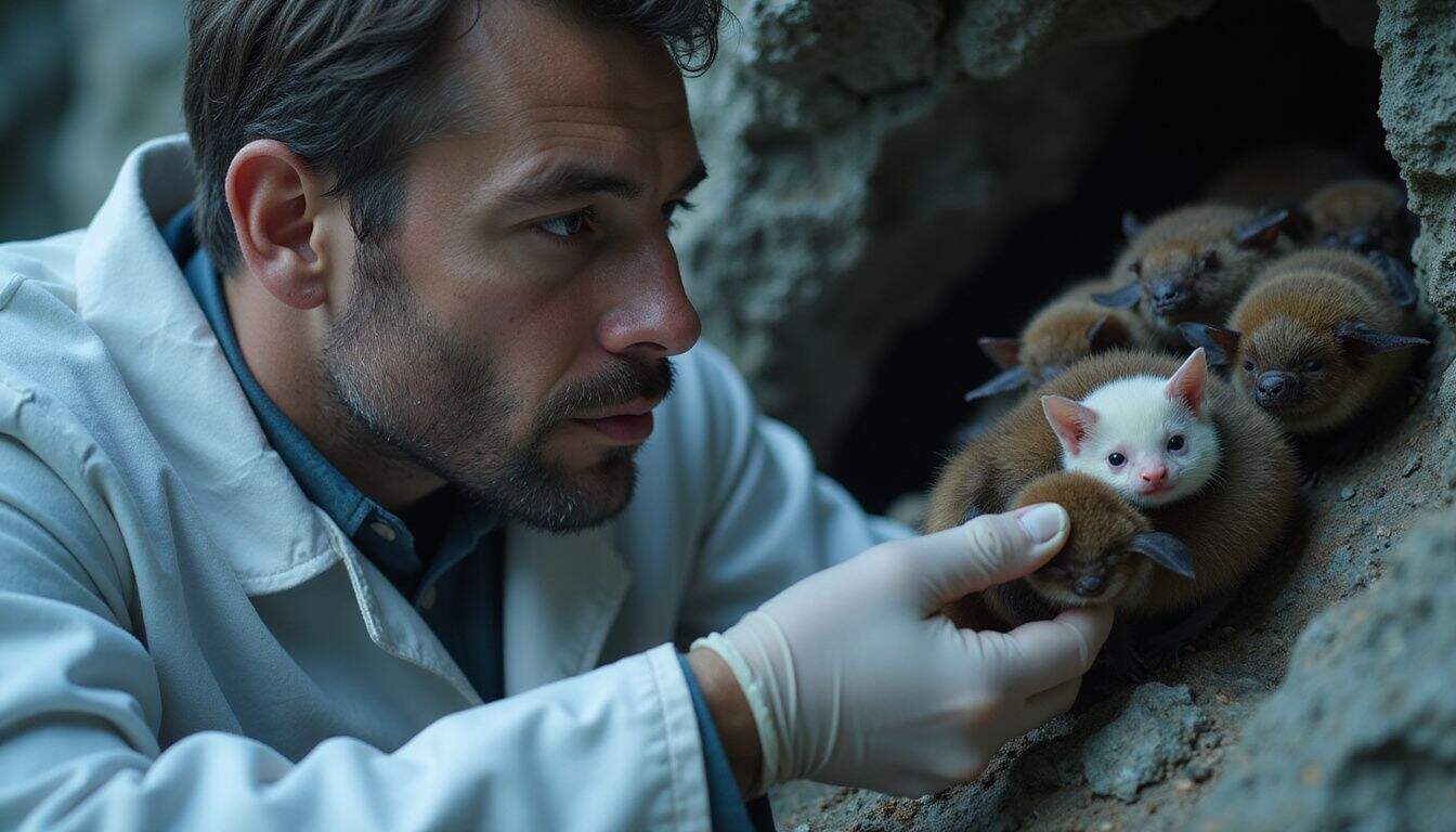 A genetic scientist studies a cluster of bats, including a rare albino, in a limestone cave. A genetic scientist studies a cluster of bats, including a rare albino, in a limestone cave.
