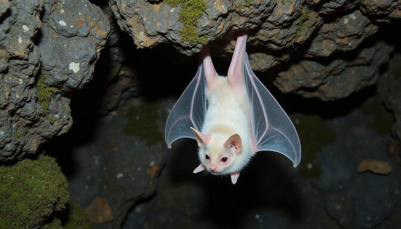 A rare albino bat hangs upside down from a moss-covered rock inside a damp cave. A rare albino bat hangs upside down from a moss-covered rock inside a damp cave.