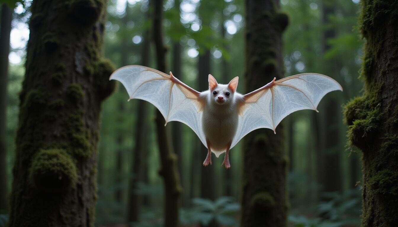An albino bat gracefully flies through a shadowy forest, showcasing its translucent wings and delicate features. An albino bat gracefully flies through a shadowy forest, showcasing its translucent wings and delicate features.