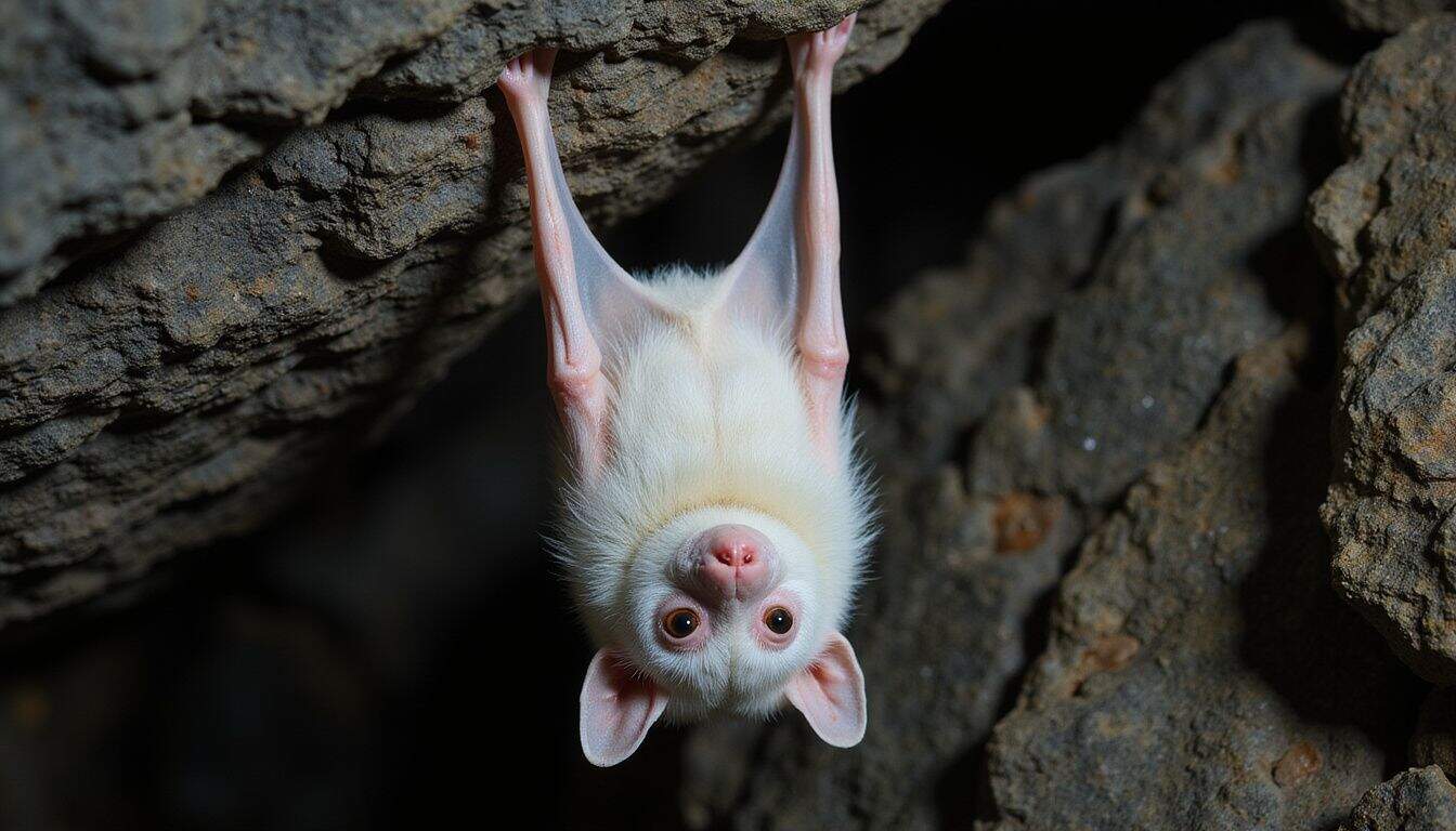 An albino bat hangs upside down from a rugged cave ceiling, showcasing its striking white fur and delicate features. An albino bat hangs upside down from a rugged cave ceiling, showcasing its striking white fur and delicate features.