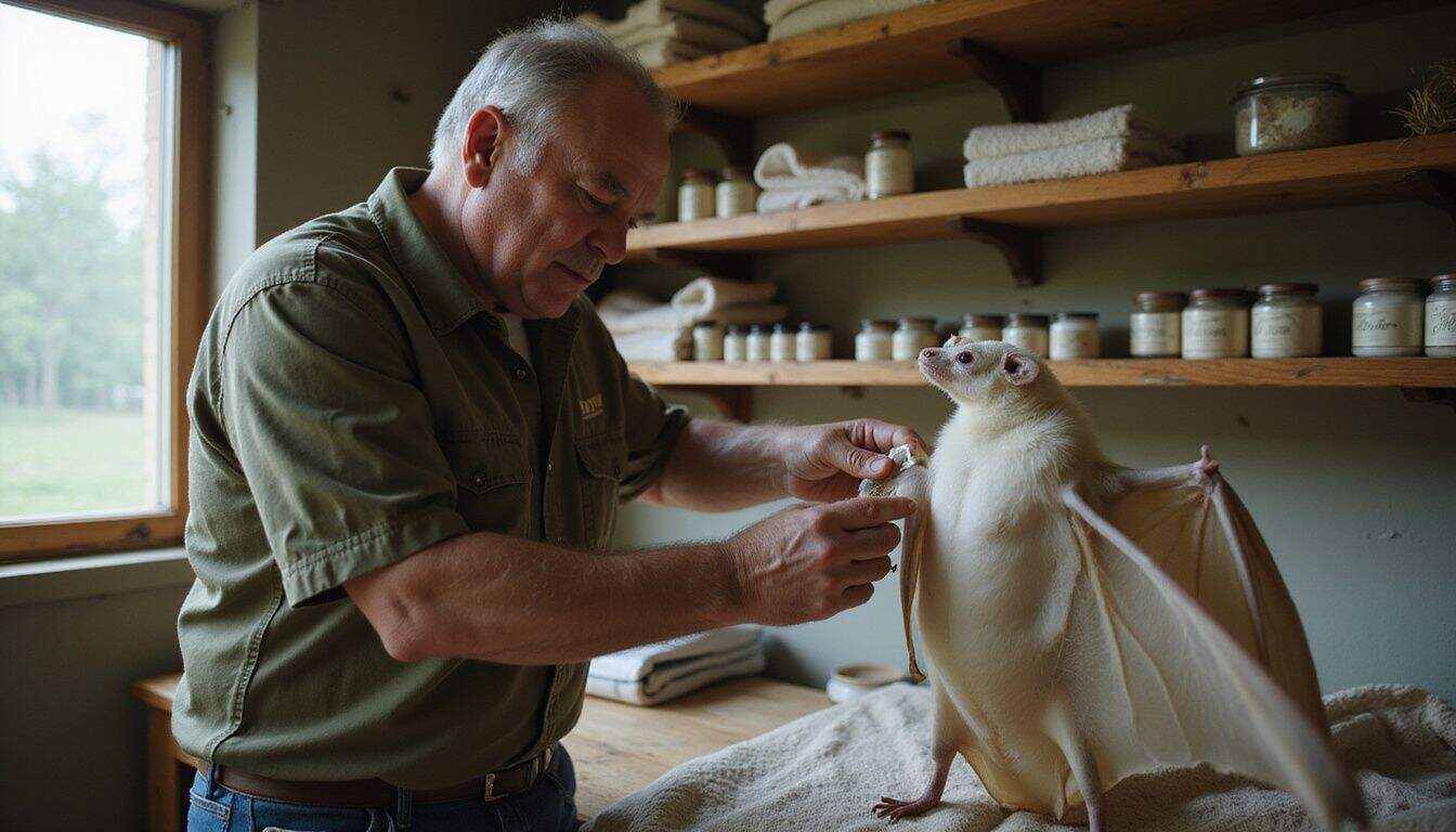 A wildlife researcher applies UV protection cream to an albino bat in a rehabilitation center filled with natural materials. A wildlife researcher applies UV protection cream to an albino bat in a rehabilitation center filled with natural materials.