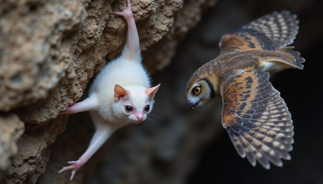 An albino bat clings to a limestone cave wall while an owl silently observes nearby. An albino bat clings to a limestone cave wall while an owl silently observes nearby.