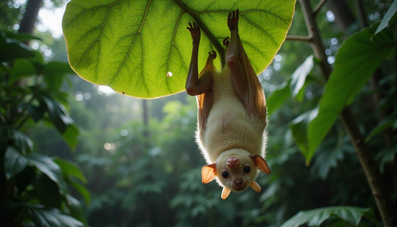 An albino bat hangs upside down from a heliconia leaf in a lush Costa Rican rainforest. An albino bat hangs upside down from a heliconia leaf in a lush Costa Rican rainforest.