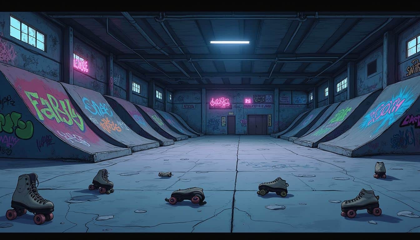 An abandoned roller skating rink features cracked flooring, vibrant graffiti, and forgotten skates, evoking nostalgia and decay. An abandoned roller skating rink features cracked flooring, vibrant graffiti, and forgotten skates, evoking nostalgia and decay.