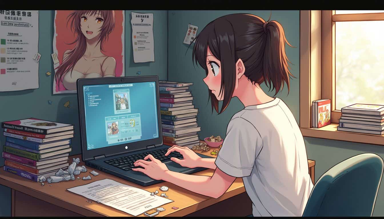 A teenage girl sits at a cluttered desk filled with anime DVDs and manga, focused on her laptop. A teenage girl sits at a cluttered desk filled with anime DVDs and manga, focused on her laptop.