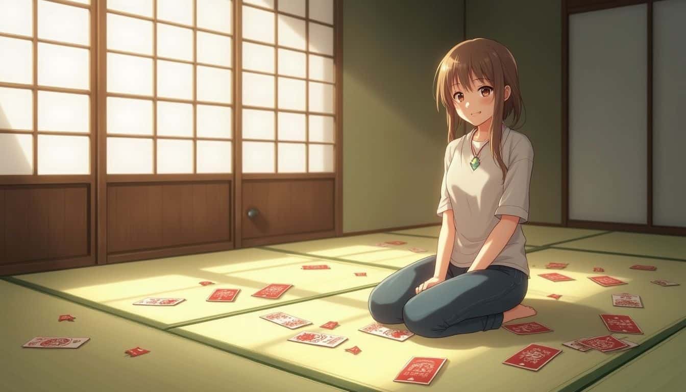 A serene tatami room features scattered karuta cards and a casually dressed adult, conveying a peaceful, nostalgic atmosphere. A serene tatami room features scattered karuta cards and a casually dressed adult, conveying a peaceful, nostalgic atmosphere.