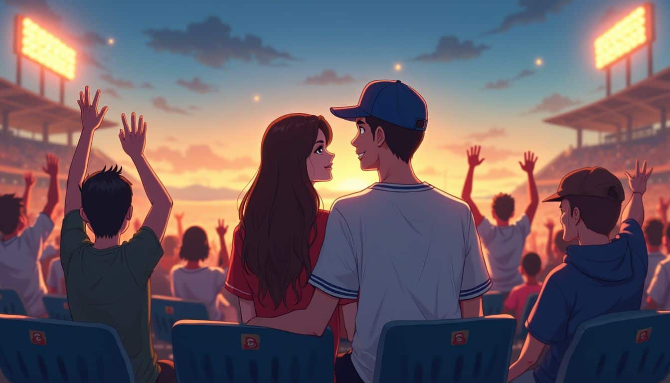 A young couple shares a quiet, joyful moment together in a lively baseball stadium amidst an enthusiastic crowd. A young couple shares a quiet, joyful moment together in a lively baseball stadium amidst an enthusiastic crowd.