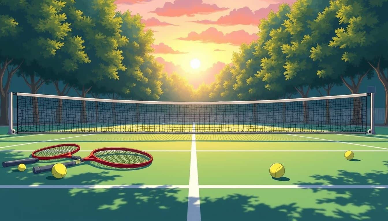 A serene anime-style tennis court scene features rackets and scattered balls, surrounded by tranquil nature at sunset. A serene anime-style tennis court scene features rackets and scattered balls, surrounded by tranquil nature at sunset.