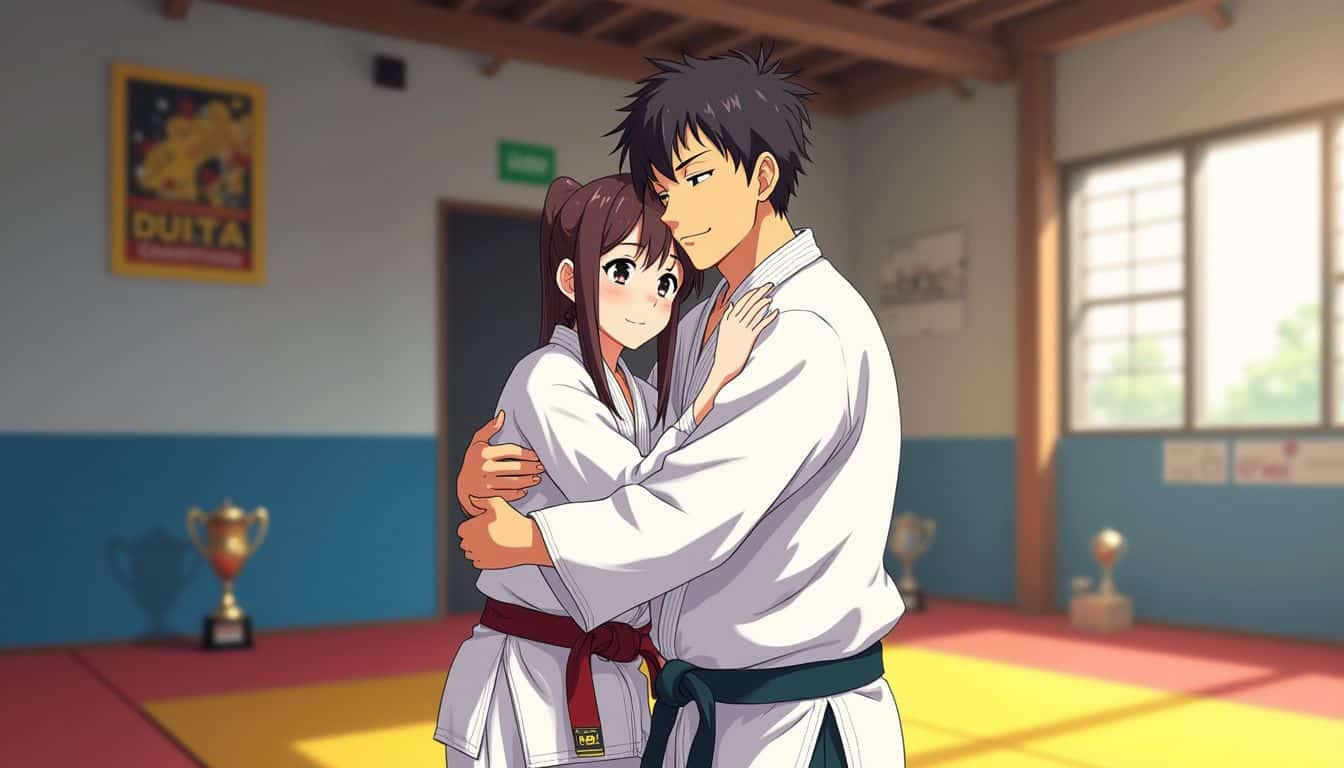 A teenage girl in a judo uniform shares a heartfelt congratulatory hug with her coach amidst vibrant judo mats and trophies. A teenage girl in a judo uniform shares a heartfelt congratulatory hug with her coach amidst vibrant judo mats and trophies.