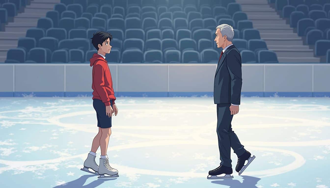 An anime-style illustration of a Japanese figure skater and his supportive coach on an ice rink, showcasing mentorship and dedication. An anime-style illustration of a Japanese figure skater and his supportive coach on an ice rink, showcasing mentorship and dedication.