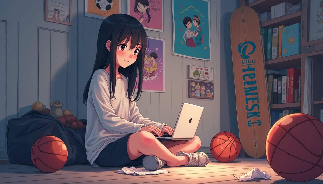 A teenage girl watches anime on her laptop amidst sports items and romantic posters, with a crumpled love letter nearby. A teenage girl watches anime on her laptop amidst sports items and romantic posters, with a crumpled love letter nearby.