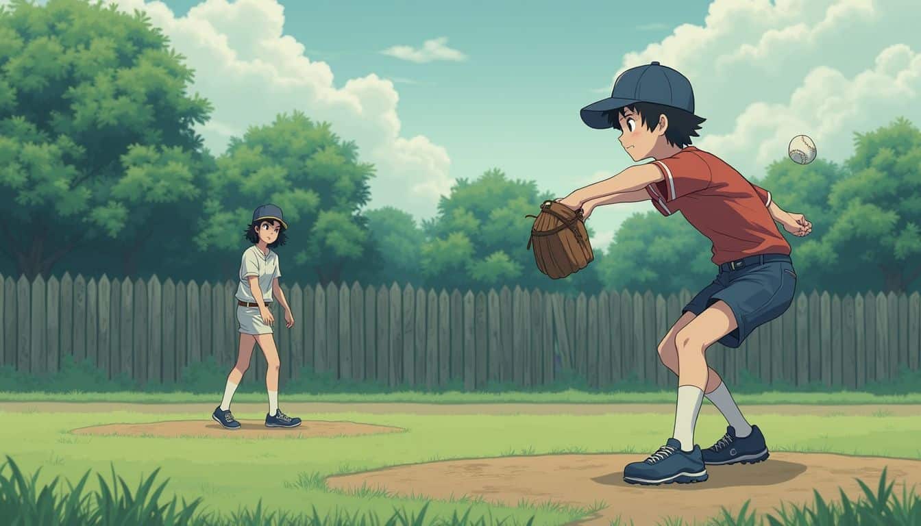 A teenage boy pitches to a girl in a casual baseball game on a serene neighborhood field. A teenage boy pitches to a girl in a casual baseball game on a serene neighborhood field.