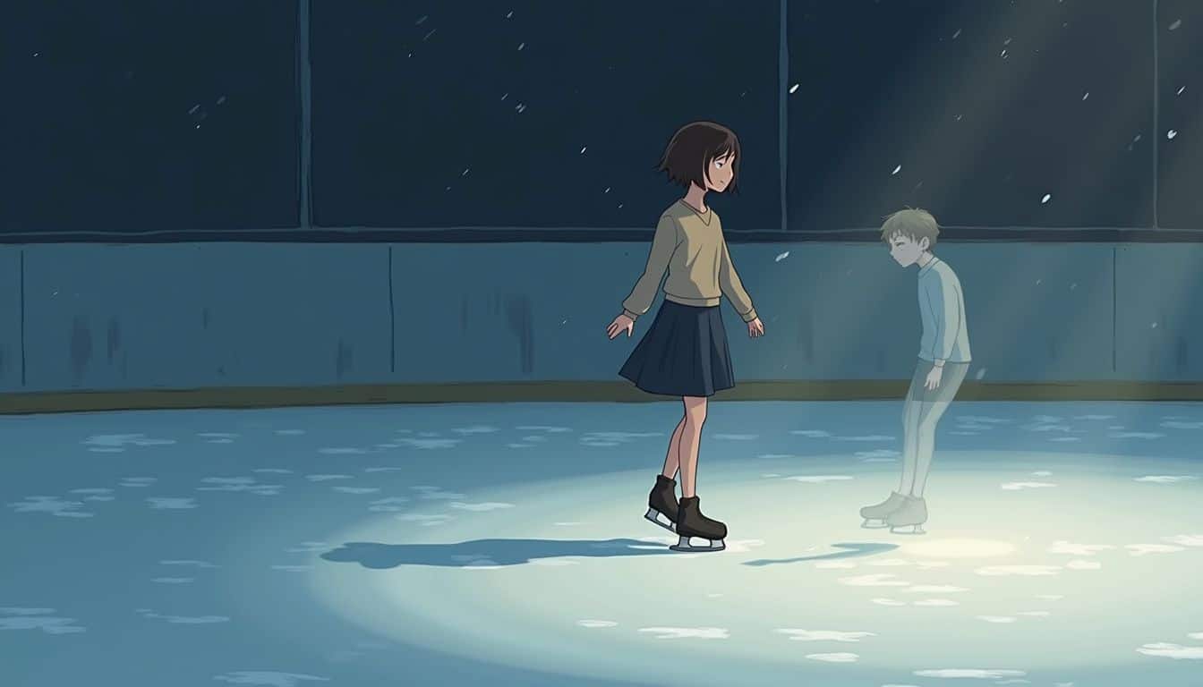 A young woman ice skates gracefully while a semi-transparent young man watches, creating a serene moment of solitude and companionship. A young woman ice skates gracefully while a semi-transparent young man watches, creating a serene moment of solitude and companionship.
