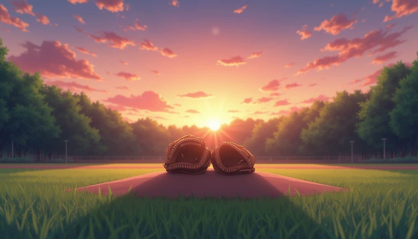 A tranquil baseball field at dusk features twin gloves on the mound, symbolizing a quiet bond in stillness. A tranquil baseball field at dusk features twin gloves on the mound, symbolizing a quiet bond in stillness.