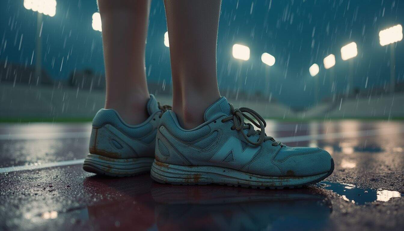 A pair of worn track shoes rests beside a rain-dampened running track, reflecting a quiet post-race moment. A pair of worn track shoes rests beside a rain-dampened running track, reflecting a quiet post-race moment.
