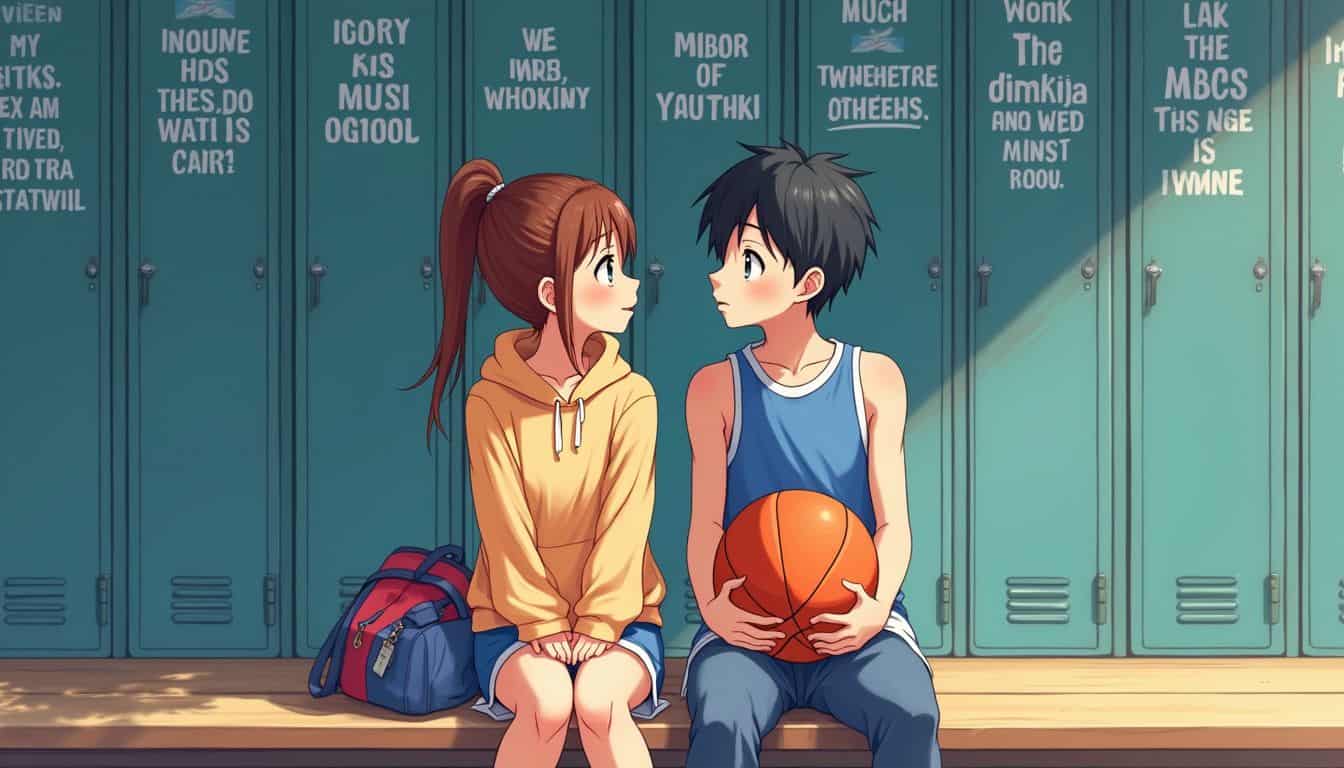 A teenage girl and boy share a tender moment on a bench, surrounded by sports gear and motivational quotes. A teenage girl and boy share a tender moment on a bench, surrounded by sports gear and motivational quotes.