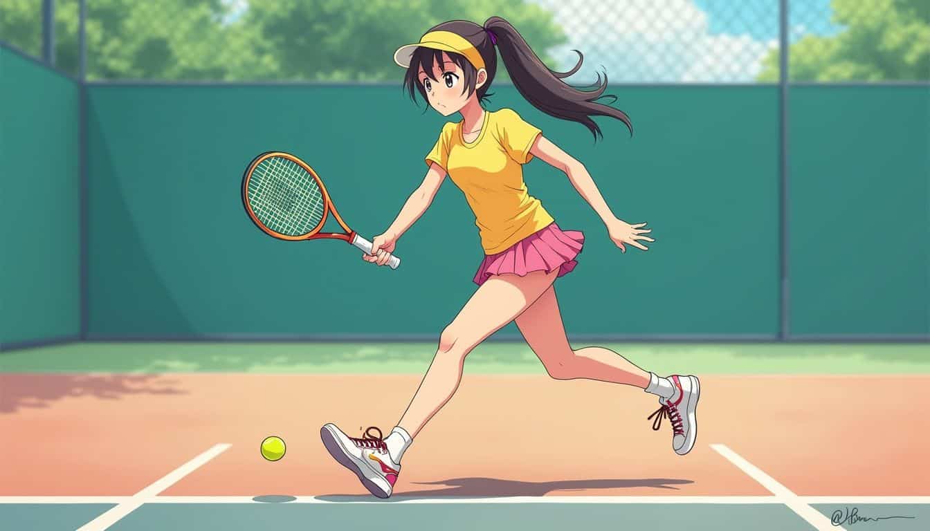 A teenage girl practices footwork on a tennis court, showcasing her focus and readiness in vibrant attire. A teenage girl practices footwork on a tennis court, showcasing her focus and readiness in vibrant attire.
