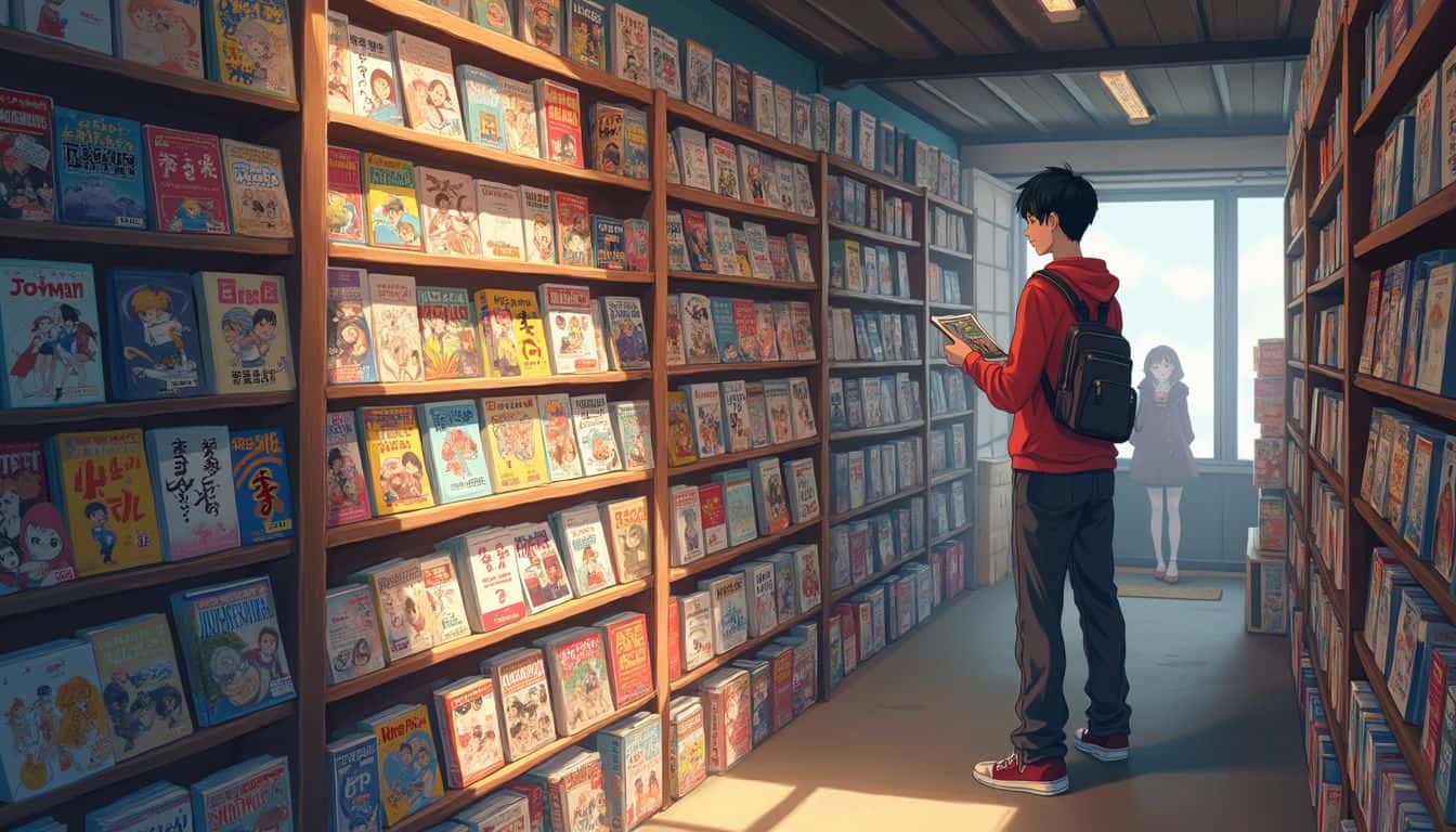 A cozy anime-style bookstore filled with vibrant sports-themed manga, featuring a character joyfully browsing the collection. A cozy anime-style bookstore filled with vibrant sports-themed manga, featuring a character joyfully browsing the collection.