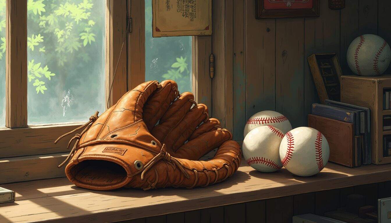 A nostalgic scene features a worn baseball glove surrounded by vintage baseballs and memorabilia on a rustic shelf. A nostalgic scene features a worn baseball glove surrounded by vintage baseballs and memorabilia on a rustic shelf.
