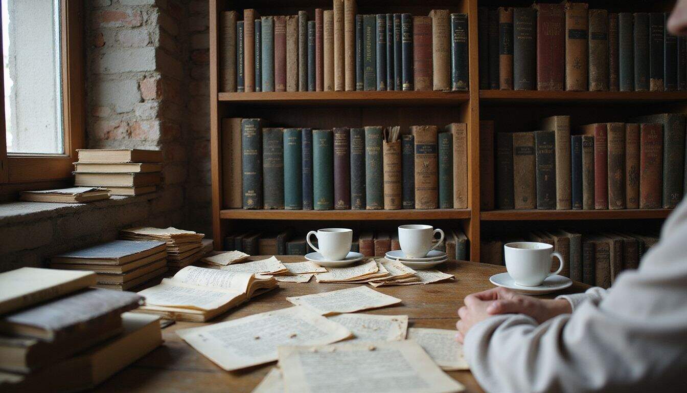 A cozy, cluttered workspace features a weathered bookshelf with finance books and a disorganized desk filled with notes and coffee cups. A cozy, cluttered workspace features a weathered bookshelf with finance books and a disorganized desk filled with notes and coffee cups.