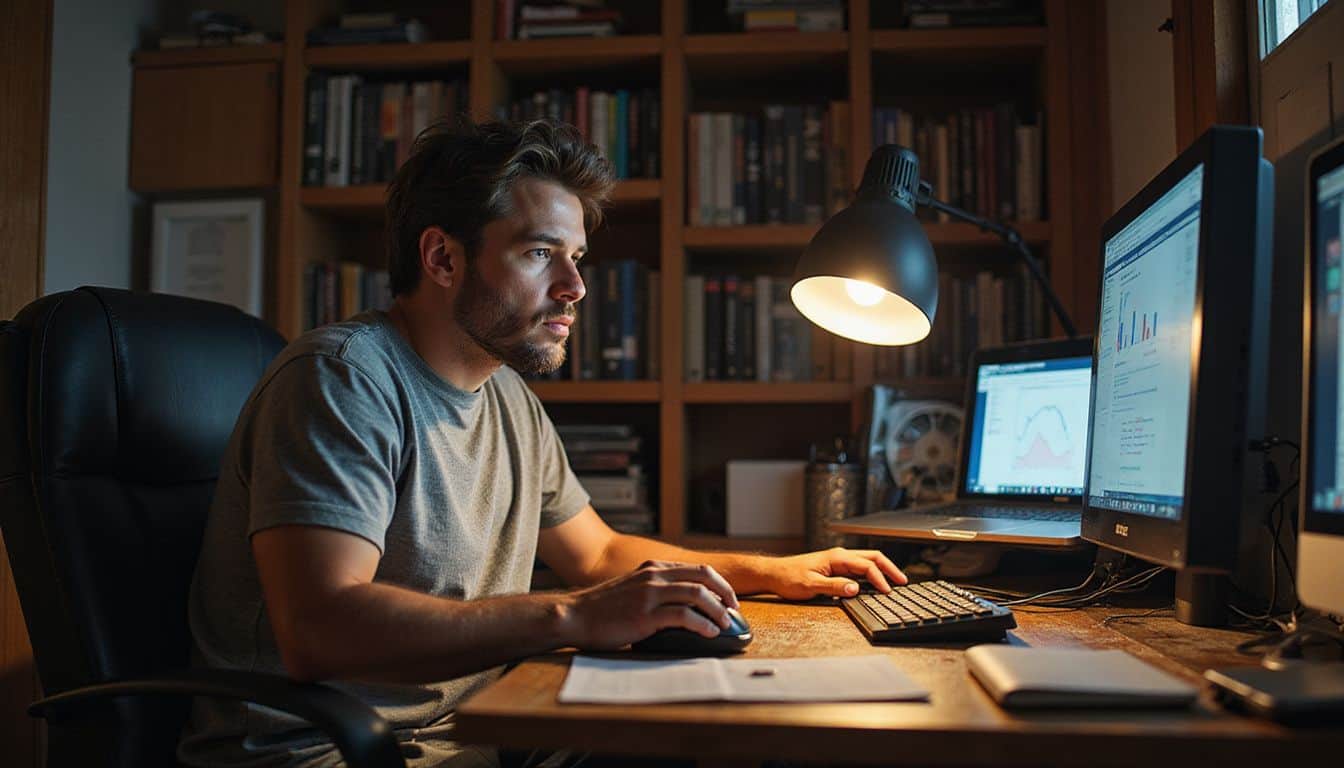 A focused man works intently at a cluttered home office desk surrounded by papers and multiple computer screens. A focused man works intently at a cluttered home office desk surrounded by papers and multiple computer screens.
