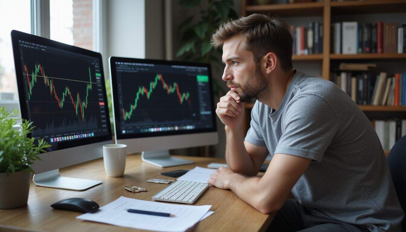 A man in casual attire studies cryptocurrency charts at a cluttered wooden desk in a modest home office. A man in casual attire studies cryptocurrency charts at a cluttered wooden desk in a modest home office.