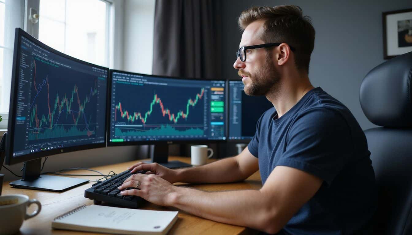A focused man in a navy shirt works on a mechanical keyboard surrounded by monitors displaying Ethereum blockchain data. A focused man in a navy shirt works on a mechanical keyboard surrounded by monitors displaying Ethereum blockchain data.