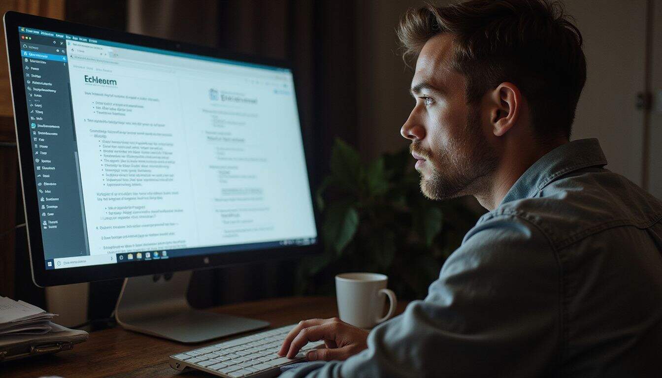 A person studies a comparison of Ethereum and Bitcoin on a computer screen in a cozy, cluttered workspace. A person studies a comparison of Ethereum and Bitcoin on a computer screen in a cozy, cluttered workspace.