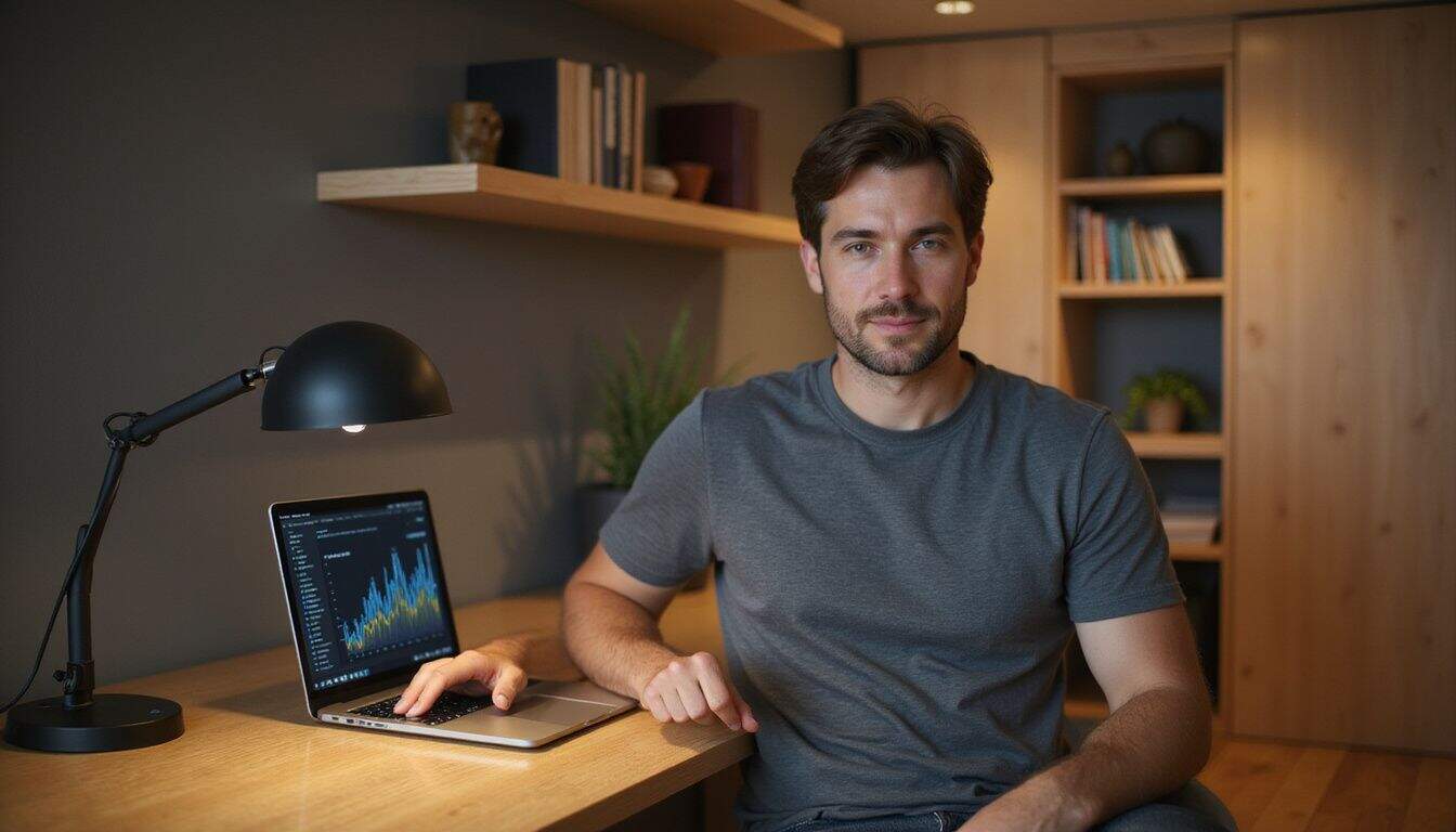 A man works at a modern home office desk, focused on blockchain data displayed on his laptop. A man works at a modern home office desk, focused on blockchain data displayed on his laptop.