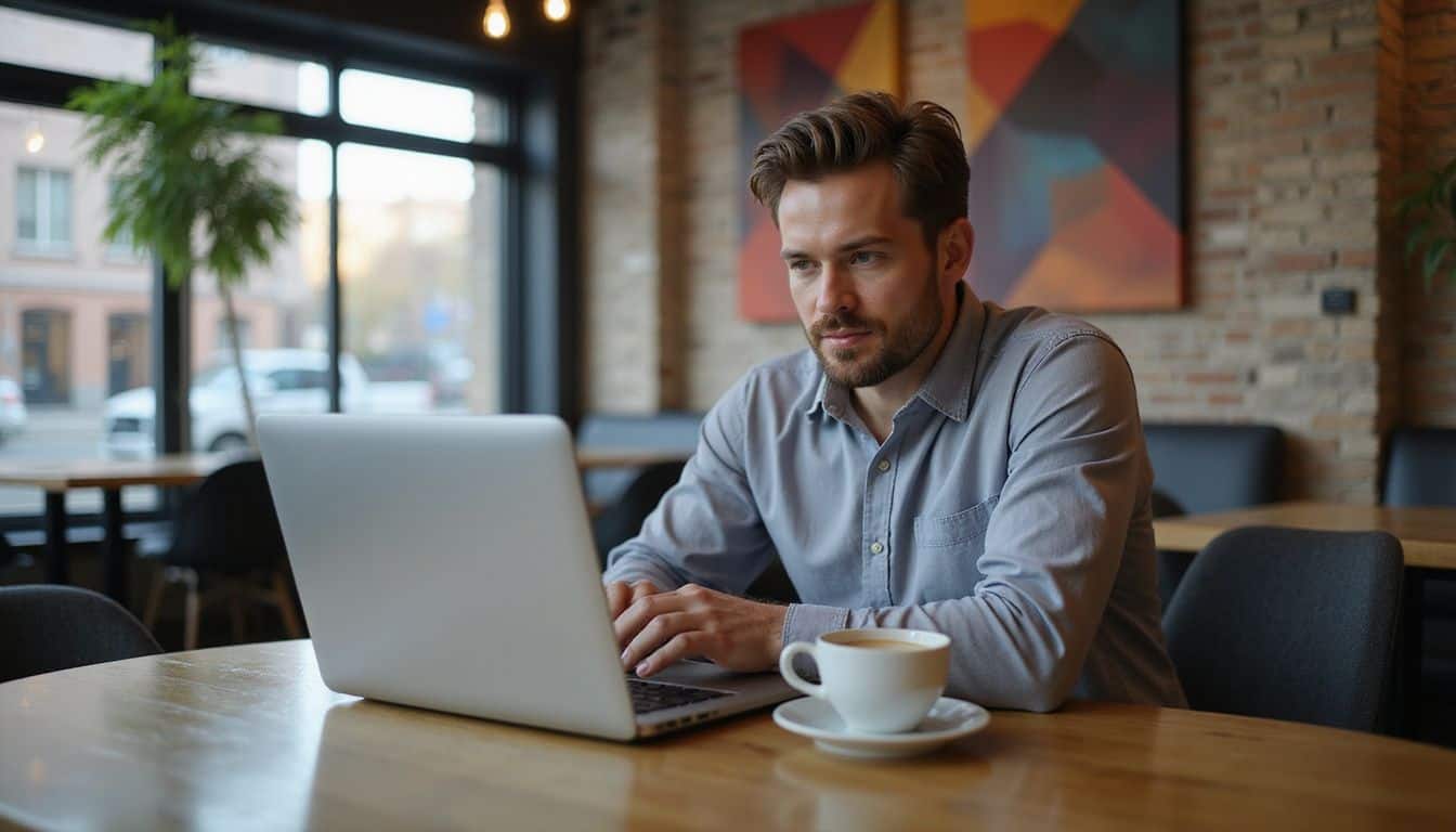A man in his 30s sits at a wooden table, focused on his laptop alongside a steaming cup of coffee. A man in his 30s sits at a wooden table, focused on his laptop alongside a steaming cup of coffee.