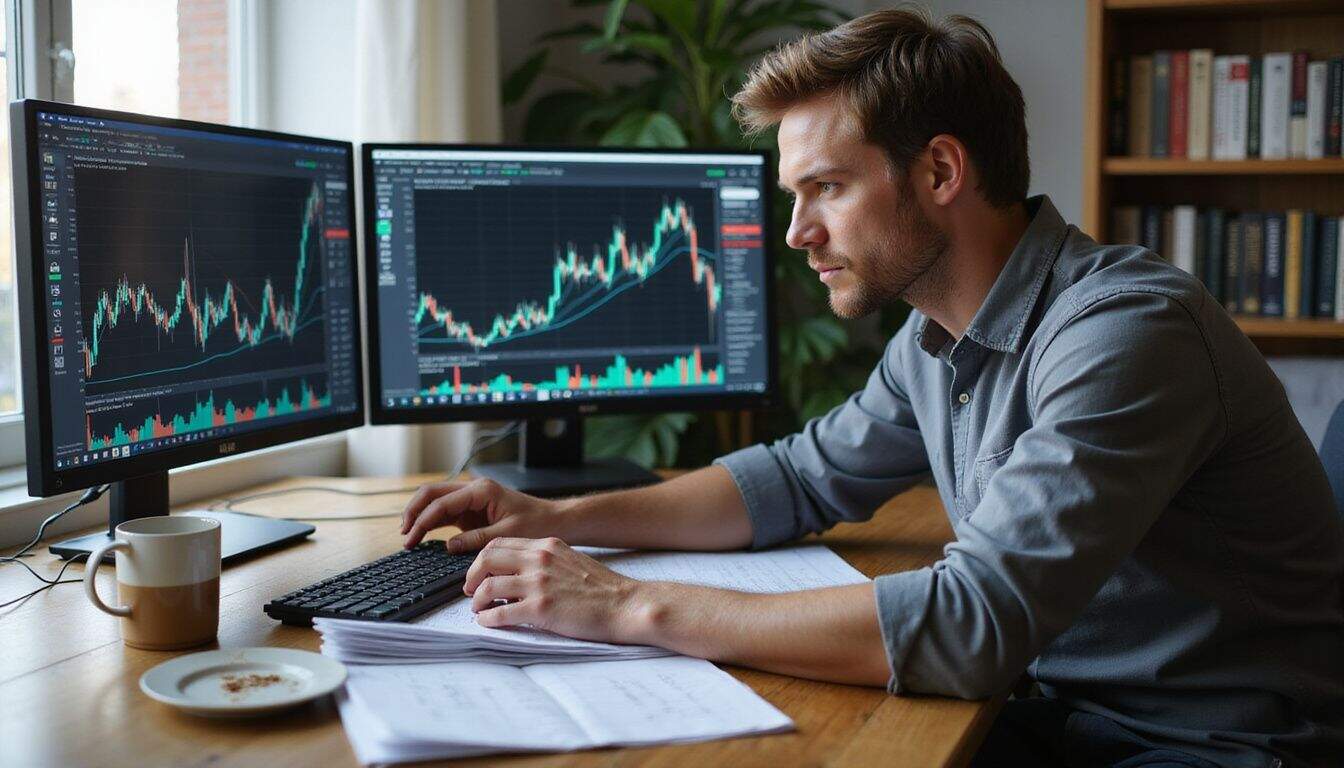 A man in his 30s analyzes Ethereum trading charts at a cluttered wooden desk in a home office. A man in his 30s analyzes Ethereum trading charts at a cluttered wooden desk in a home office.