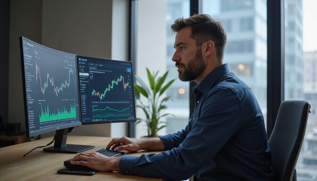 A focused middle-aged man analyzes Ethereum price charts on multiple high-resolution monitors in a modern office setting. A focused middle-aged man analyzes Ethereum price charts on multiple high-resolution monitors in a modern office setting.