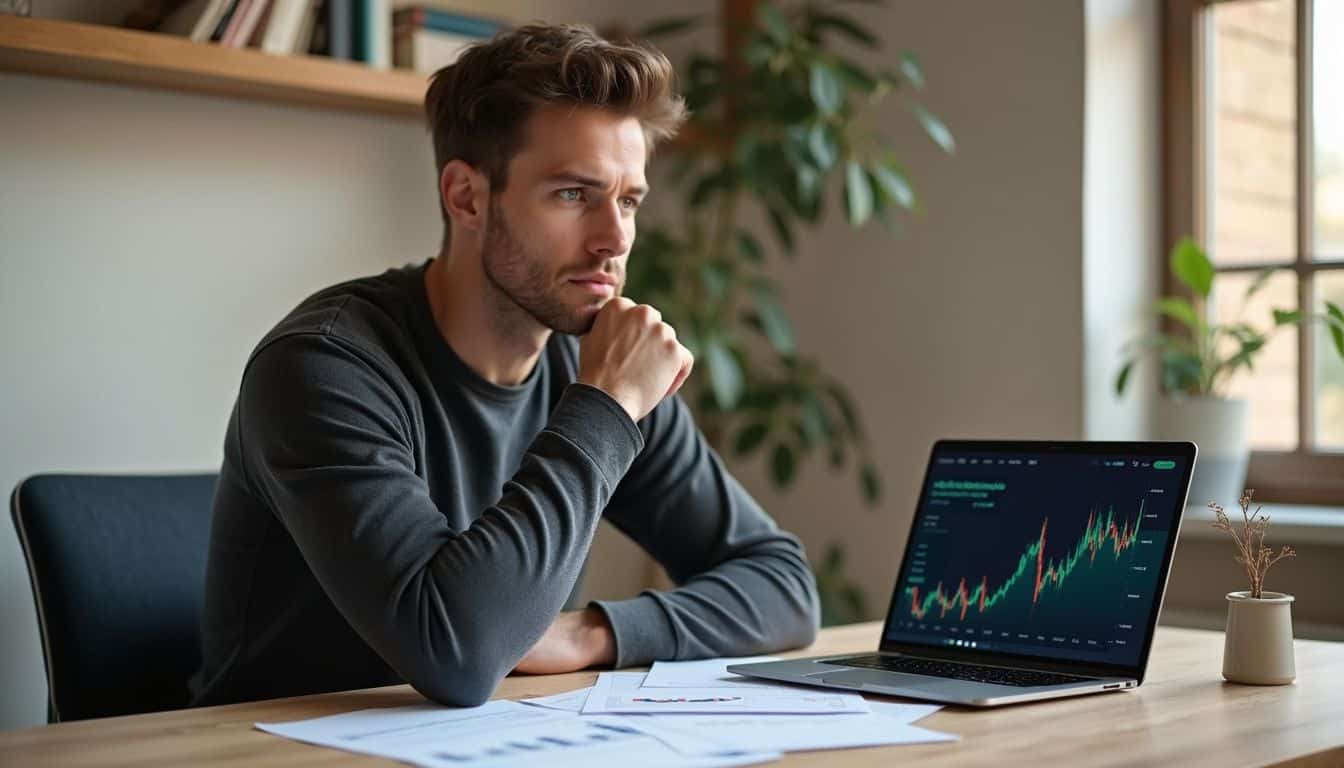 A man in a sweater contemplates financial charts and Ethereum's potential in a modest home office. A man in a sweater contemplates financial charts and Ethereum's potential in a modest home office.