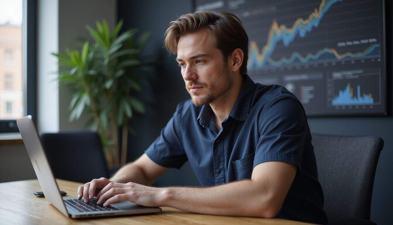 A focused man in a navy shirt studies Ethereum smart contracts on his laptop at a minimalist office desk. A focused man in a navy shirt studies Ethereum smart contracts on his laptop at a minimalist office desk.