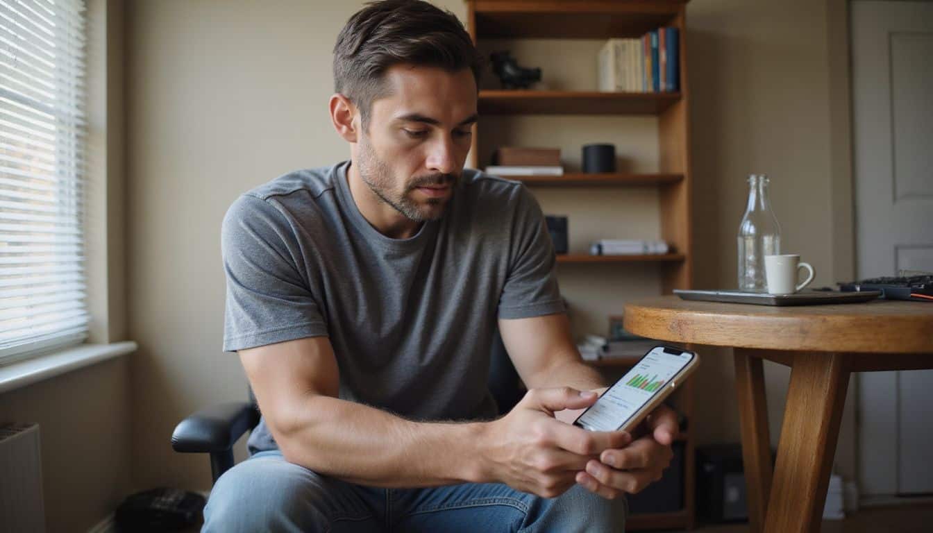 A focused man in casual attire studies Ethereum staking rewards on his smartphone in a modest home office. A focused man in casual attire studies Ethereum staking rewards on his smartphone in a modest home office.