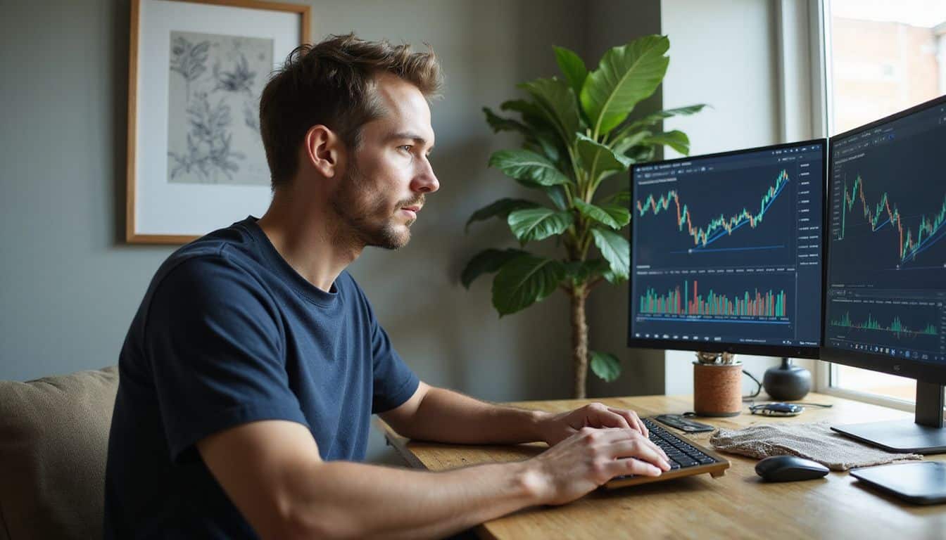 A focused man studies Ethereum price charts on his computer in a stylish, eco-friendly office. A focused man studies Ethereum price charts on his computer in a stylish, eco-friendly office.