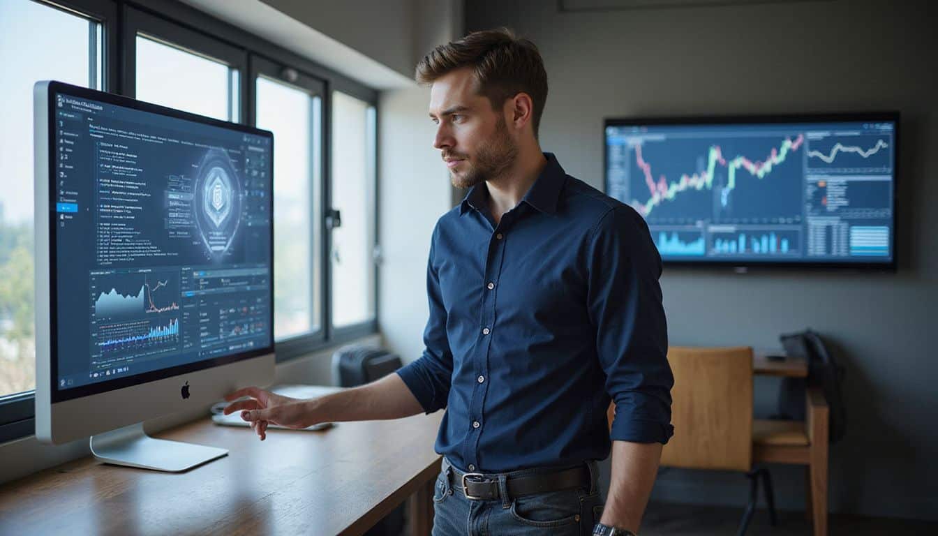 A man in a modern office examines a holographic display of his Ethereum wallet amidst digital screens and sleek furniture. A man in a modern office examines a holographic display of his Ethereum wallet amidst digital screens and sleek furniture.
