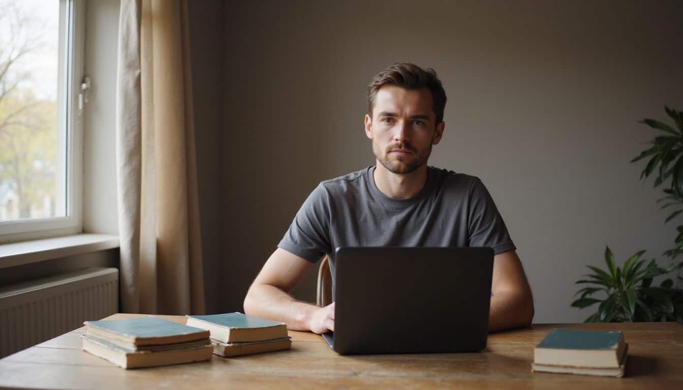 A focused man works on a laptop surrounded by books about blockchain coding in a simple workspace. A focused man works on a laptop surrounded by books about blockchain coding in a simple workspace.