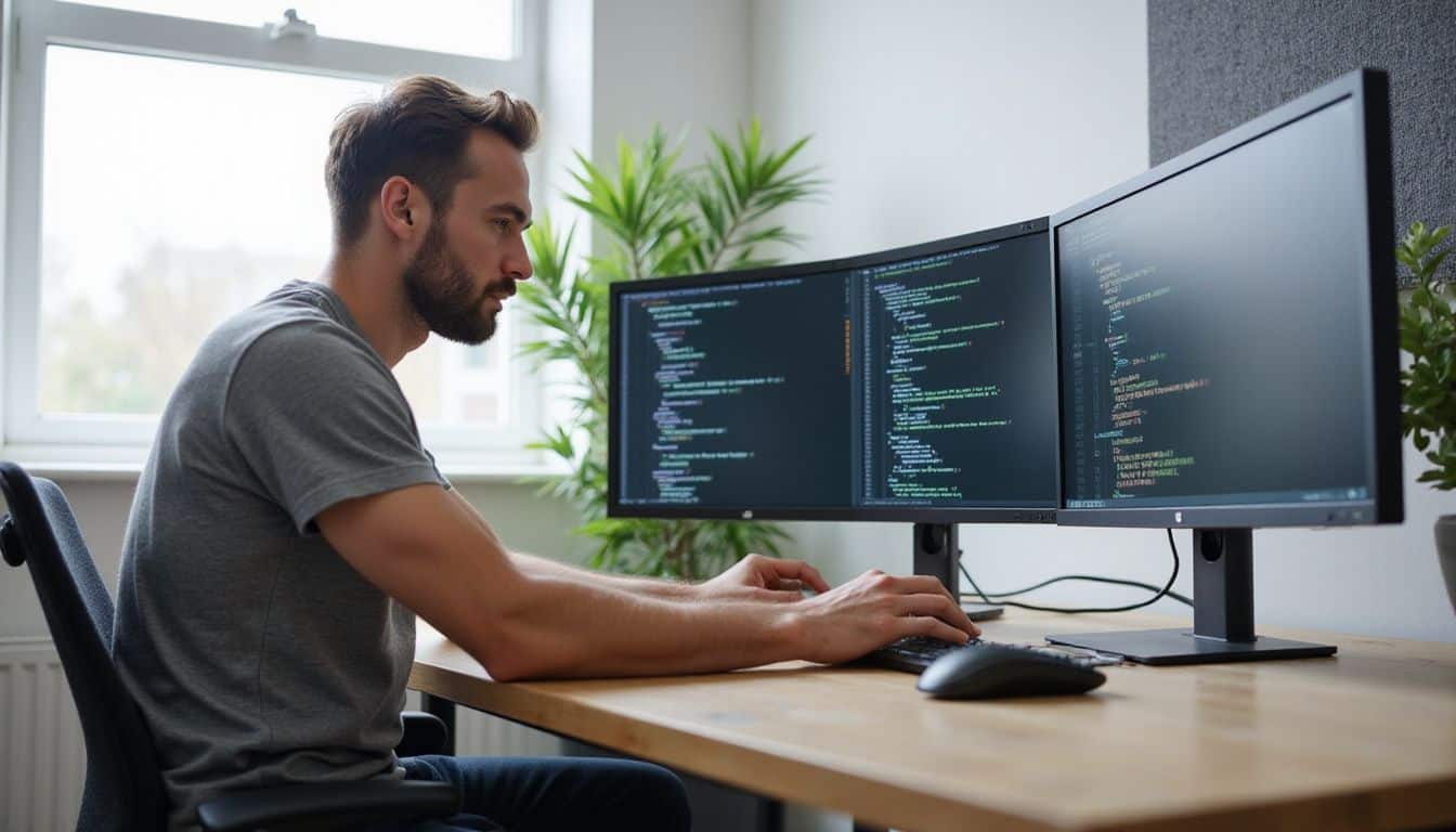 A focused software developer works at a modern desk, coding Ethereum smart contracts on multiple monitors in a minimalistic office. A focused software developer works at a modern desk, coding Ethereum smart contracts on multiple monitors in a minimalistic office.