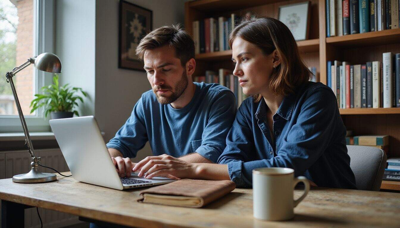 A man and woman study cryptocurrency charts intently in a cluttered home office, displaying signs of concentration and concern. A man and woman study cryptocurrency charts intently in a cluttered home office, displaying signs of concentration and concern.