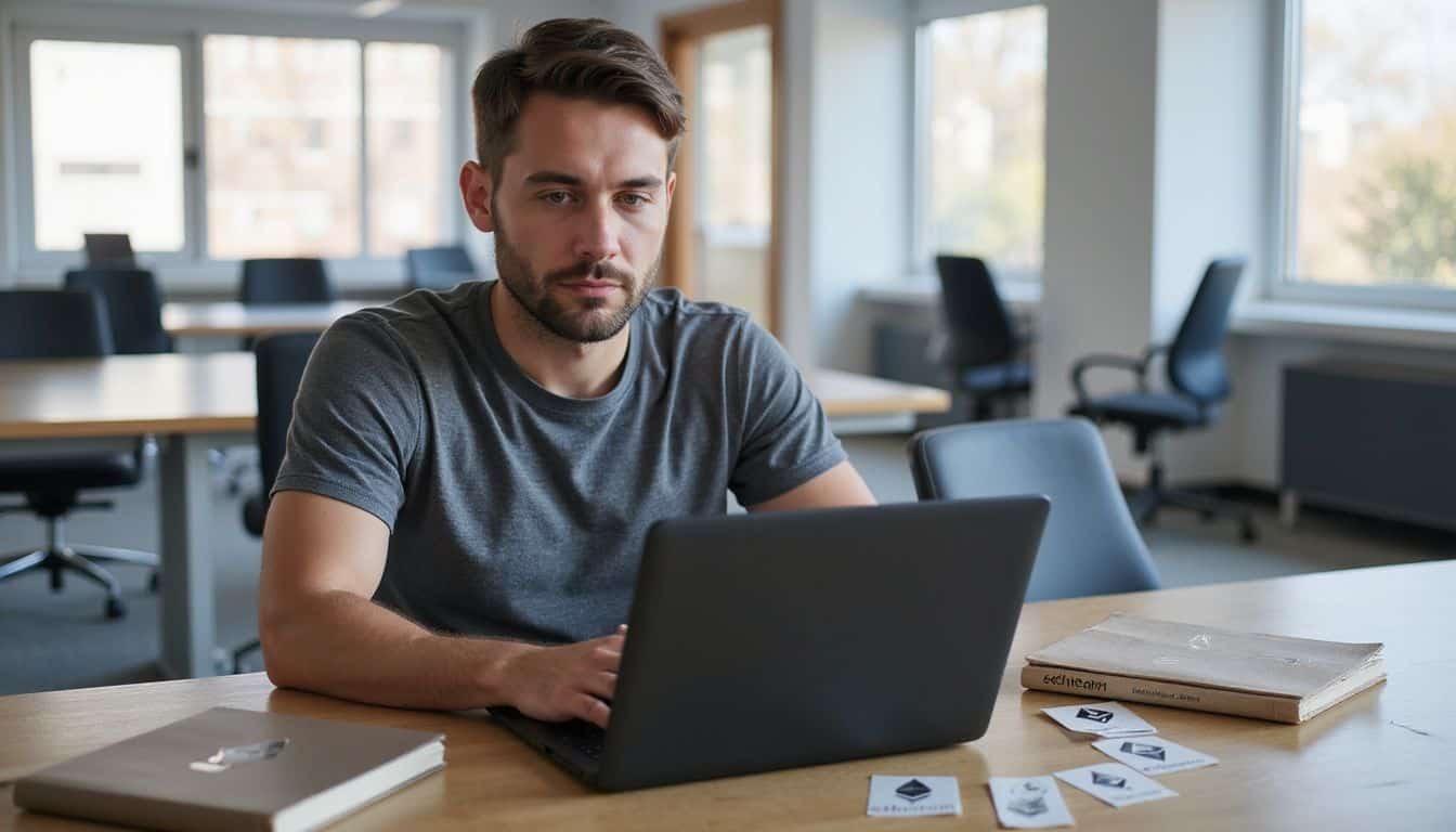A focused man in casual attire works at a contemporary desk surrounded by coding books and Ethereum stickers. A focused man in casual attire works at a contemporary desk surrounded by coding books and Ethereum stickers.