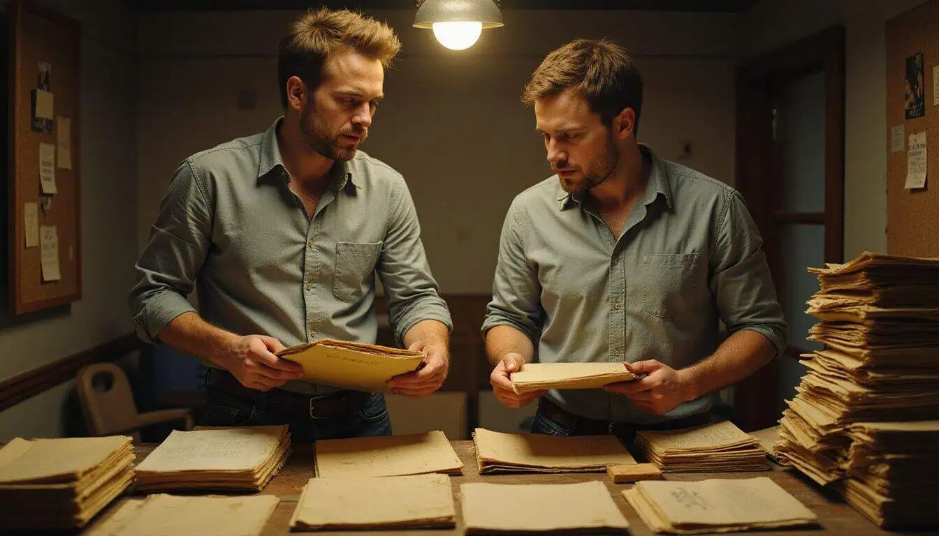 Two focused men sift through cluttered file folders in a chaotic office, reflecting intense determination and urgency. Two focused men sift through cluttered file folders in a chaotic office, reflecting intense determination and urgency.